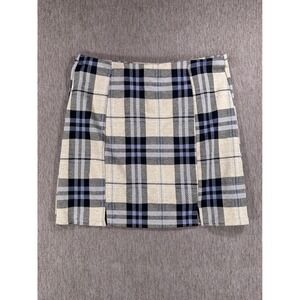 Hesperus Plaid Mini Skirt Tan Navy Blue Checkered Front Slits Size L MHS6634 TWB